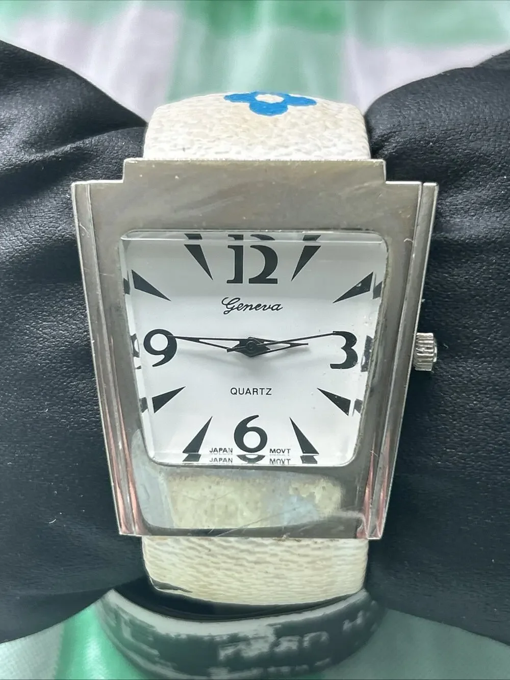 Geneva Silver Tone Multicolored Band Women’s Cuff Watch